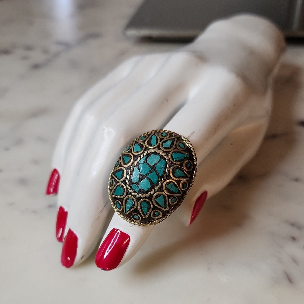Turquoise & Brass Statement Ring Adjustable From … - image 1